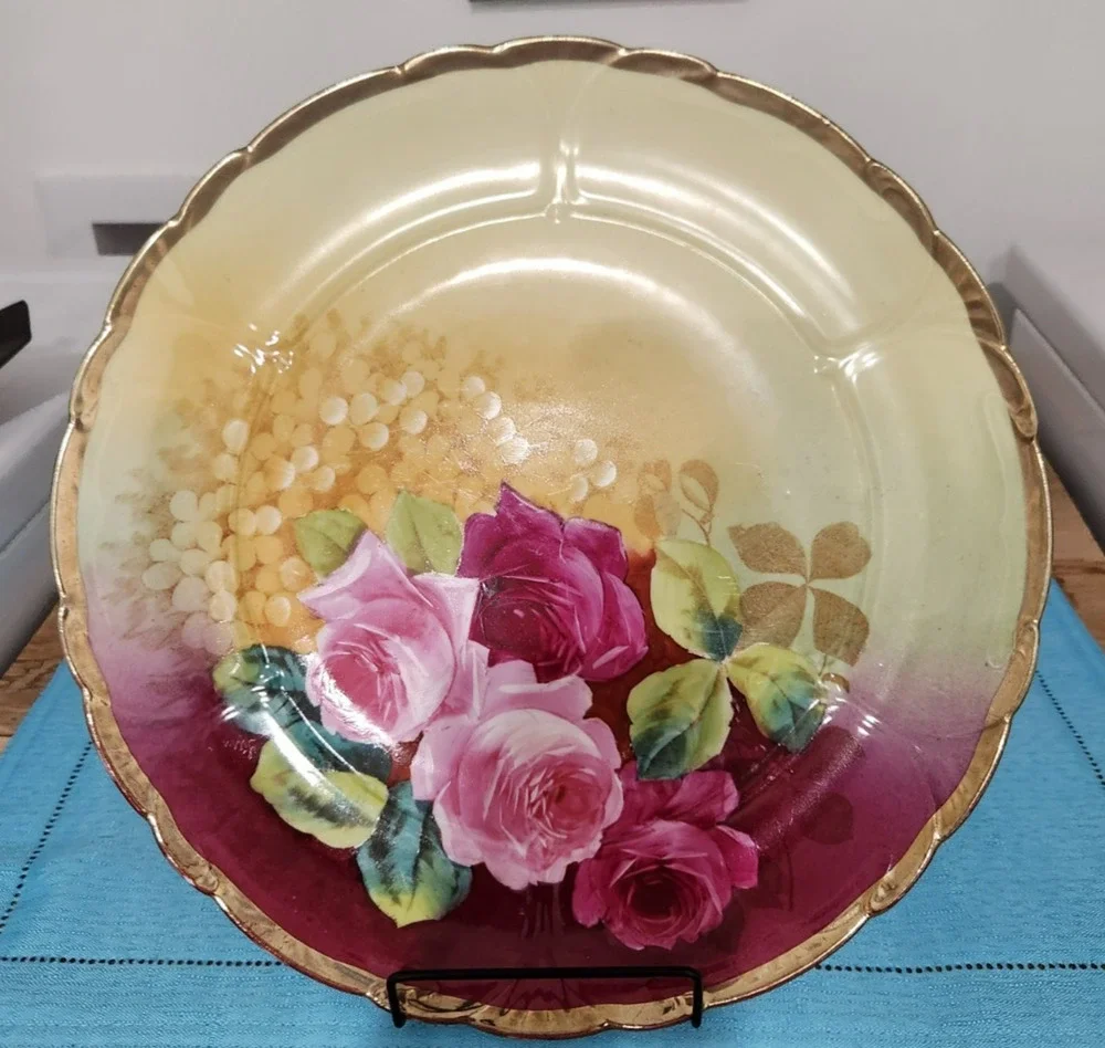 1930s Newport Bell Cake Plate Cabbage Rose Germany Signed by Stern
